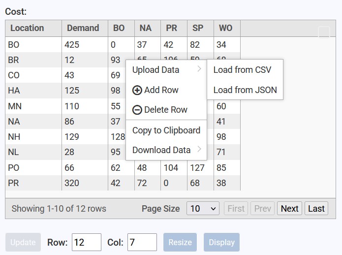 qCalc Input table